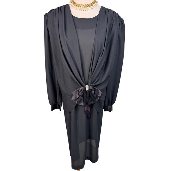 Vintage 80s TF T&F drop waist rhinestone bow party dress black size 10  Medium M